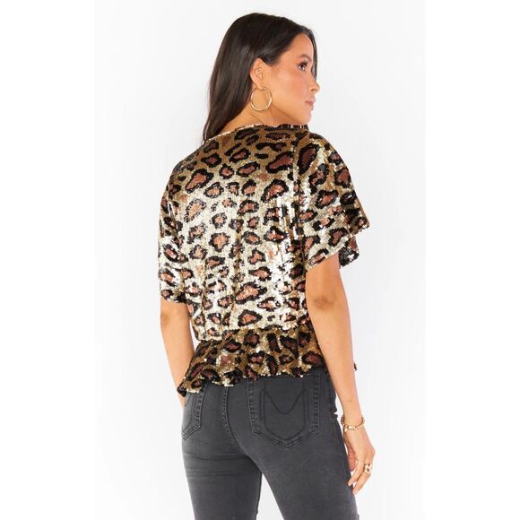 Show Me Your Mumu Eve Top Cheetah Sequin Size Small Black Gold - Picture 2 of 8